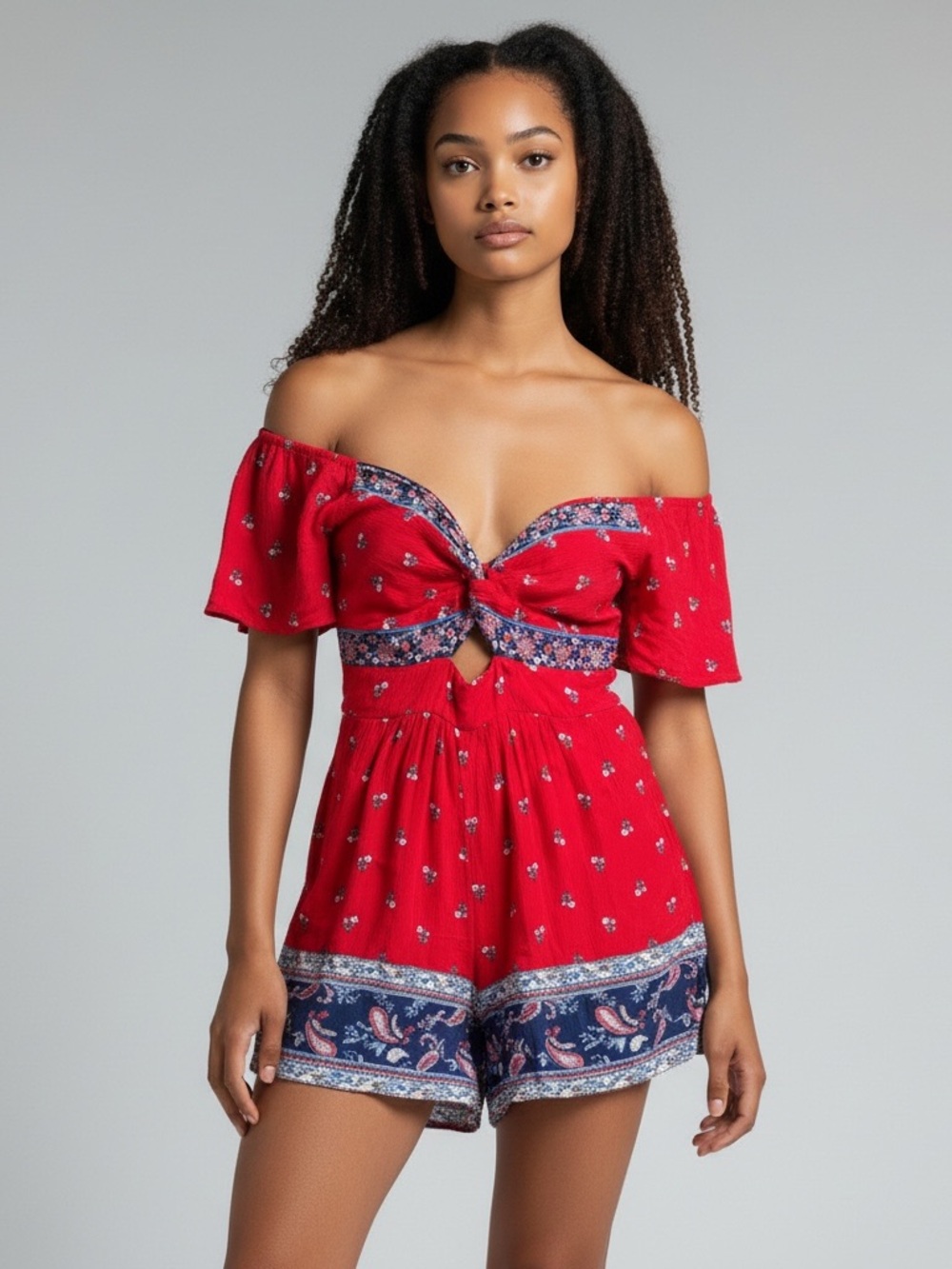 Blue Rain Red Floral Romper with Navy Trim